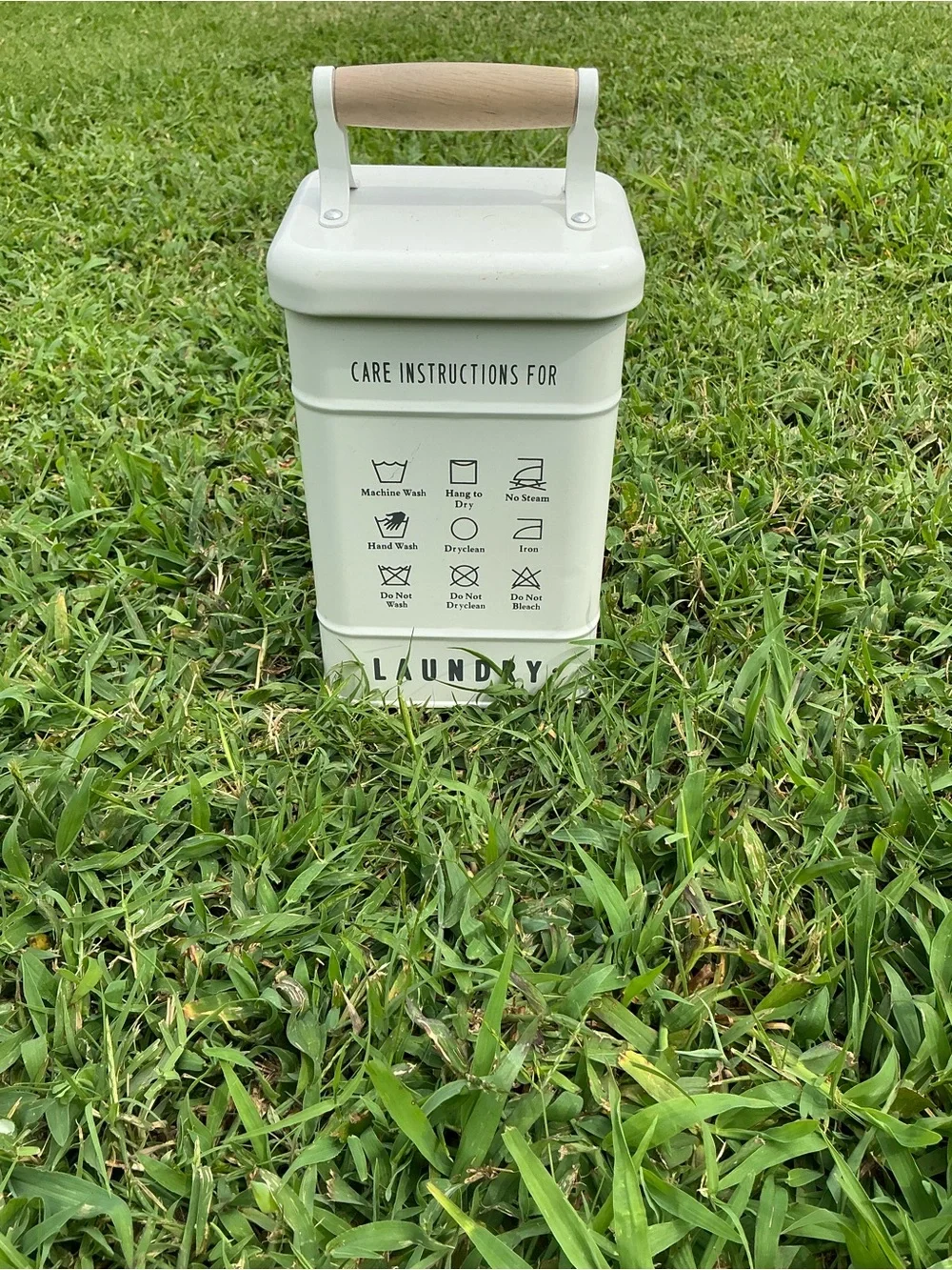 White Laundry Canister with Wood Handle